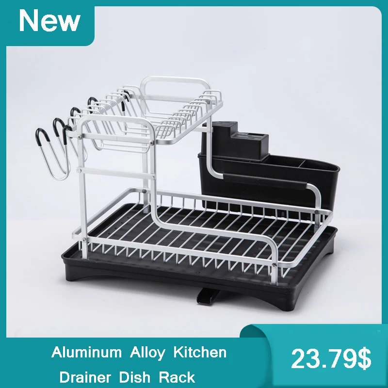 2022 New Aluminum Double-Layer Dish Rack Water Tray Kitchen Cutlery Rack Plate Bowl Chopsticks Spoon Storage Organizer