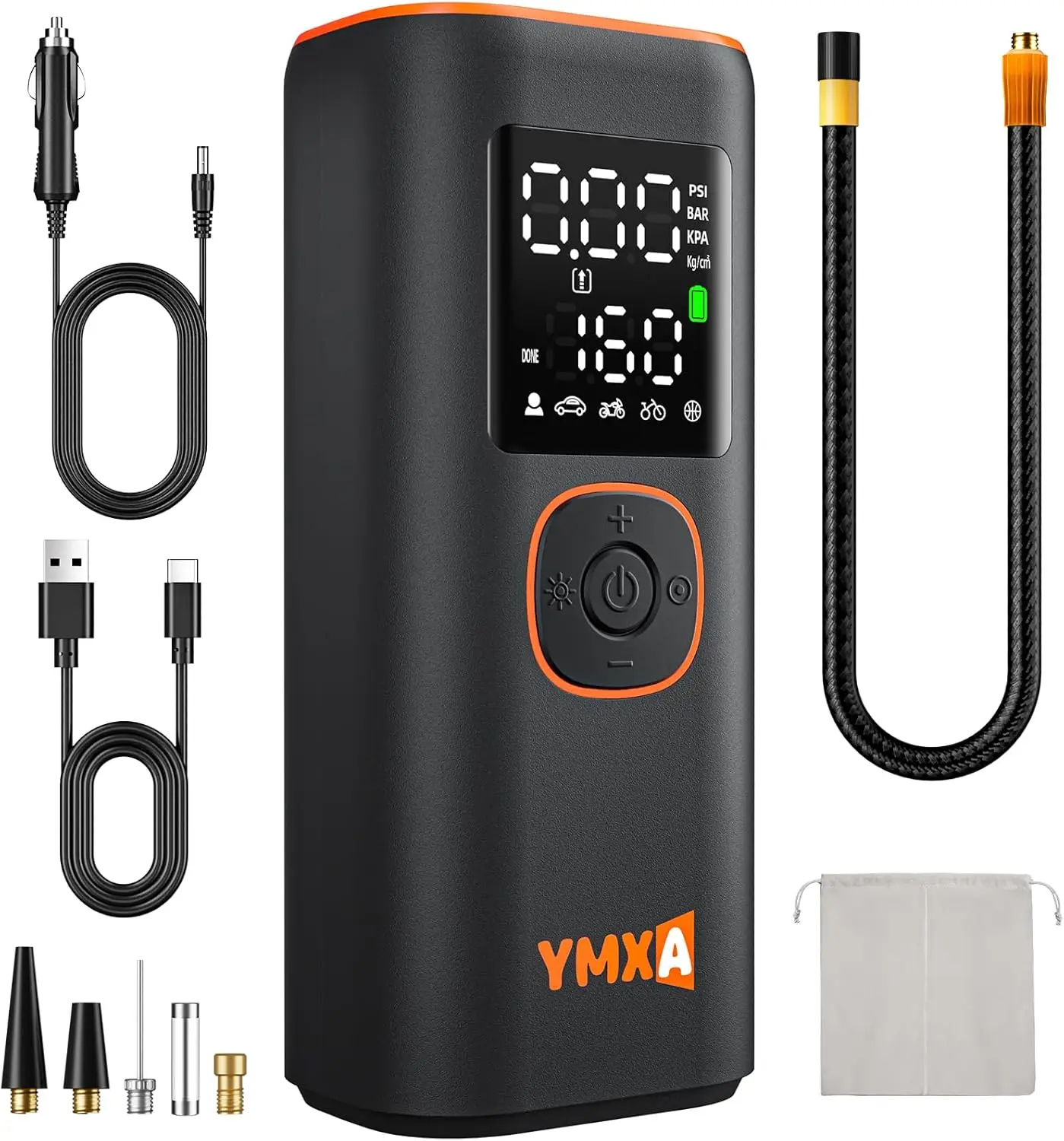 

Portable 12V Tire Inflator, 160 PSI Air Pump with Dual Digital Screen, Fast Inflation for Car, Truck, Motorcycle & Bike