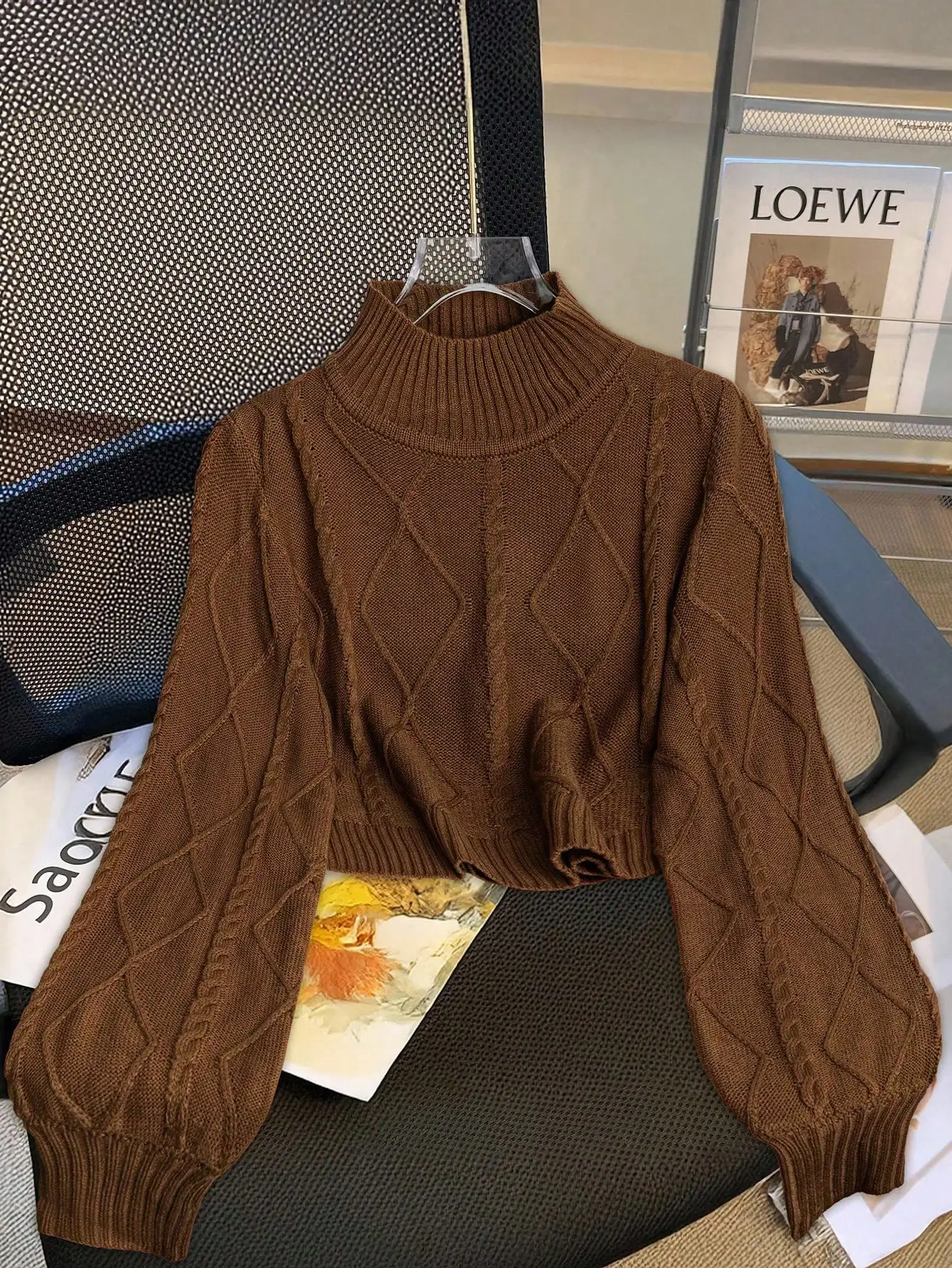 

Brown Cable Knit Half Turtleneck Lantern Sleeve Crop Sweater for Autumn Winter