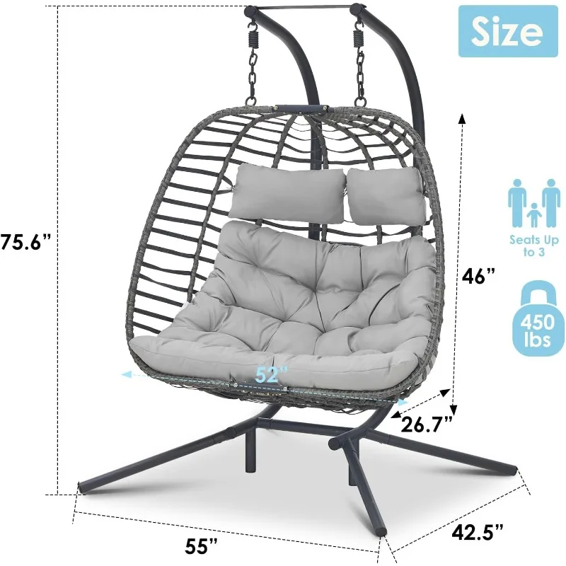 Double Swing Egg Chair with Stand, Large Hand-Woven Wicker Rattan Hanging Chair for 2 People, Porch Loveseat with Thick Cushion