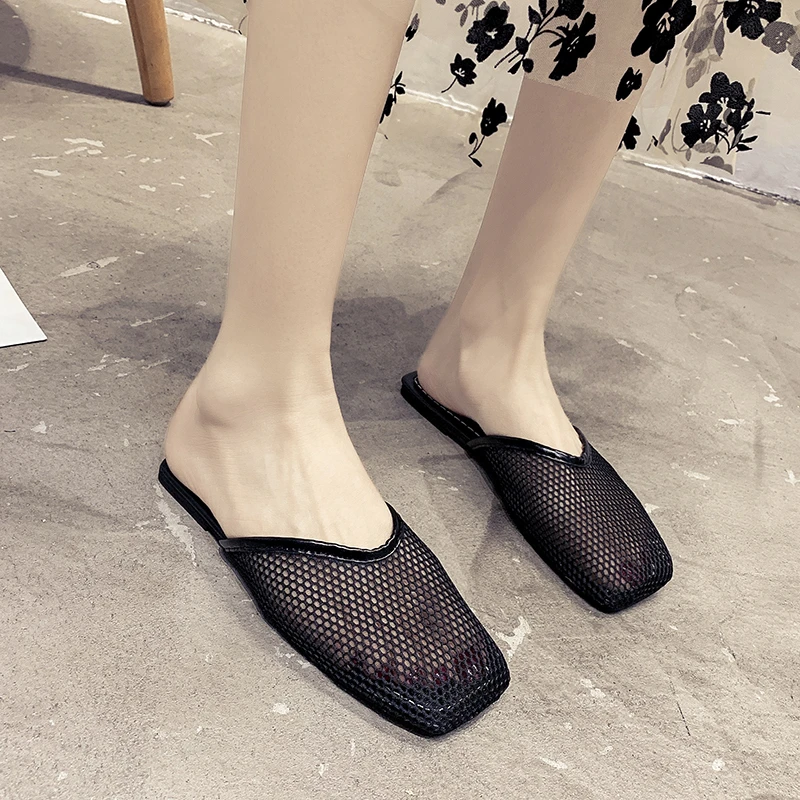 Summer Women Slippers Sexy Mesh Mules Indoor Home Slides Square Toe Female Flats Shoes Outdoor Clogs Beach Sandals Flip Flops 43