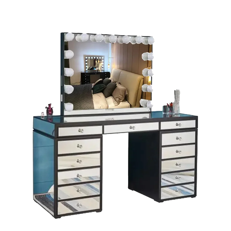 Hot Sale Deluxe  Mirror Clear Glass Top Glass MDF Simple Bedroom Dressing Table 13 Drawers With Bulb Mirror Dresser