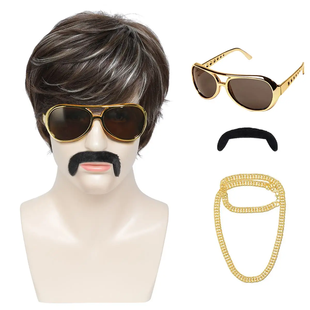 Men's Brown And White Synthetic Wig + Glasses + Beard + Necklace Holiday Party Halloween Cosplay Rocker Costume Set Wig