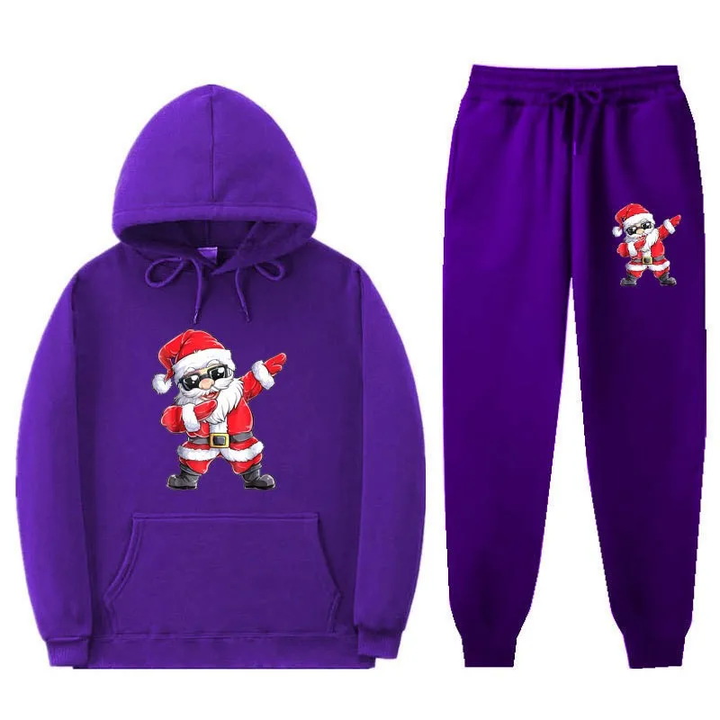 Santa Claus printed hoodie and pants set, fashionable threaded bottom hem, loose hooded shirt, men's and women's casual sports s