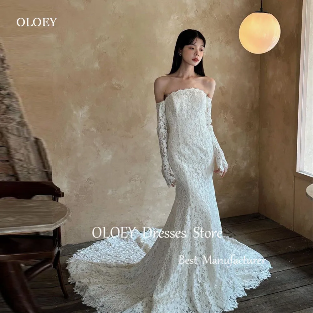 

OLOEY Elegant Full Lace Mermaid Wedding Dresses Long Sleeves Off Shoulder Bridal Gowns Korea Photoshoot Custom Made 2024