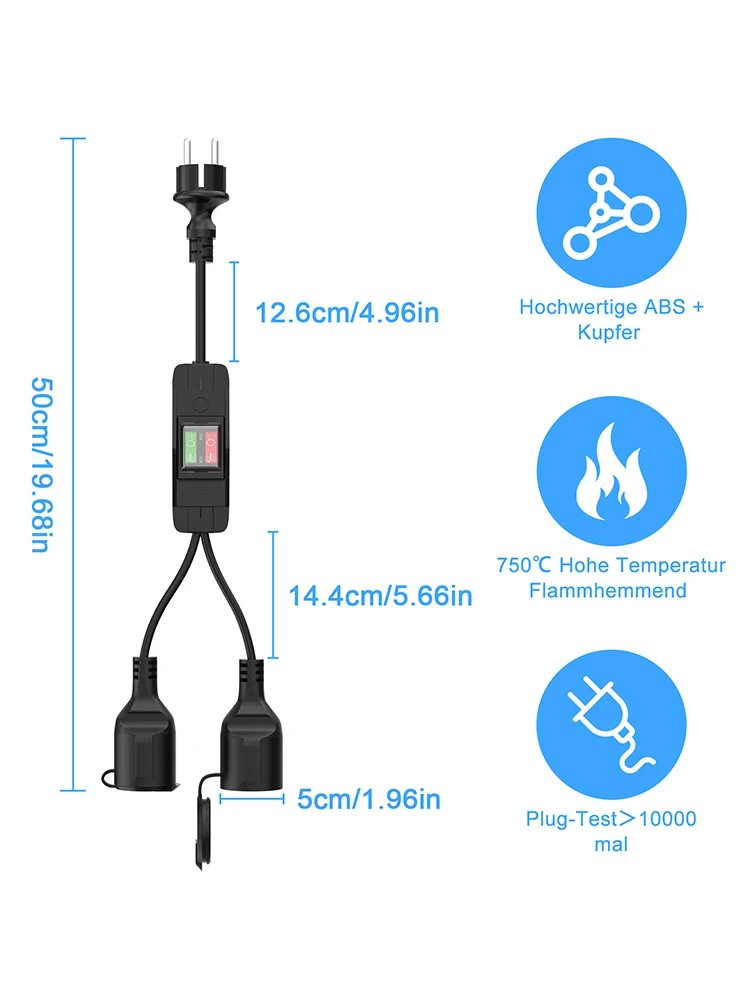 European standard one two open extension cable with switch indicator light,waterproof and dustproof cover 50cm*1 square,black