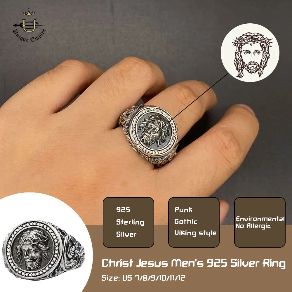 

925 Sterling Silver Jesus Christ Men's Ring Inlaid White Zircon Sheridan Street Hiphop Band Jewelry Gifts For Him