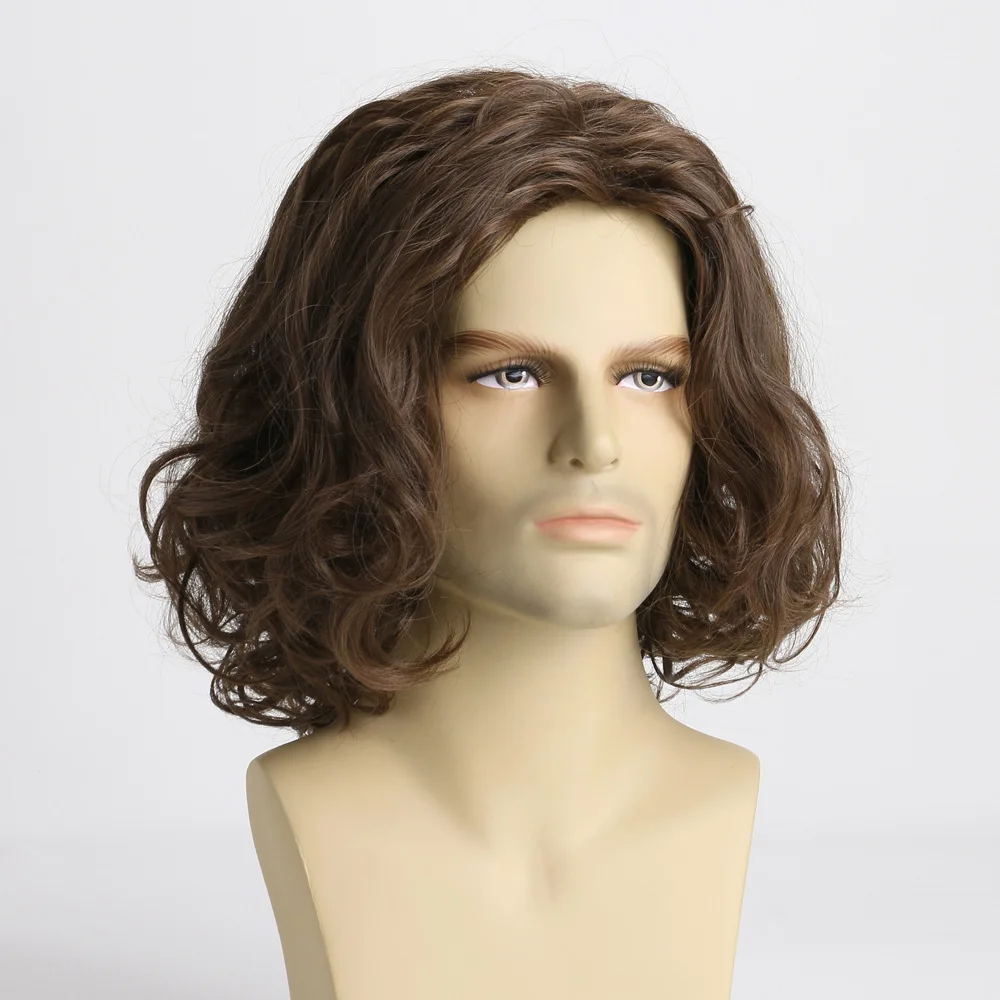 Synthetic Wigs For Men Party Male Wavy Short Brown Hair Medium Length Natural Wave Curly Adjustable Size Men