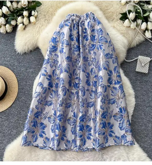 

Heavy Embroidery Jacquard Puffy Midi Skirt Women High Waist A-Line Flared Skirt Slim Fit