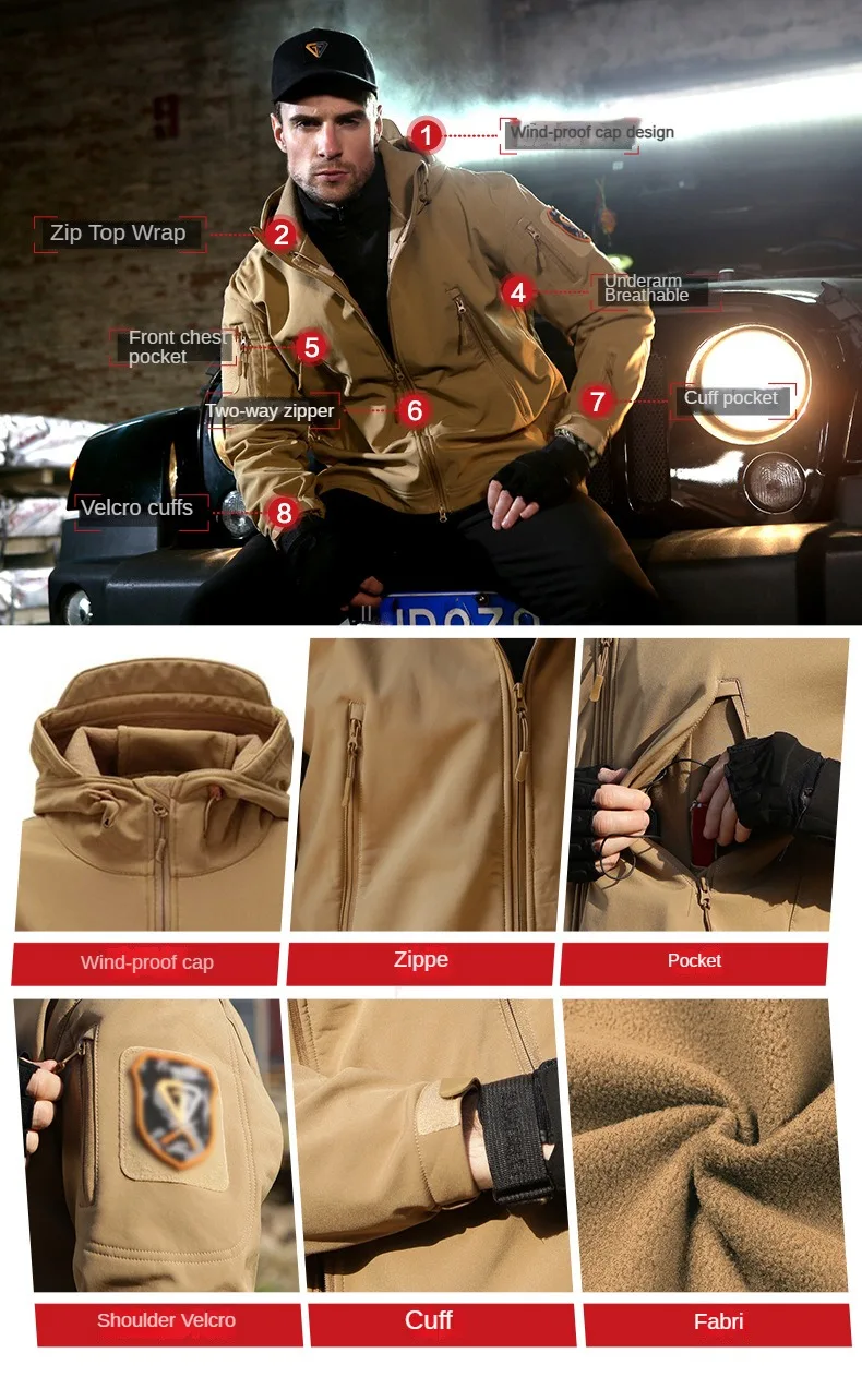 Plush Shark Skin Soft Shell Charge Coat, Outdoor, Anti Splashing, Camo Tactical Jacket, Autumn, Winter