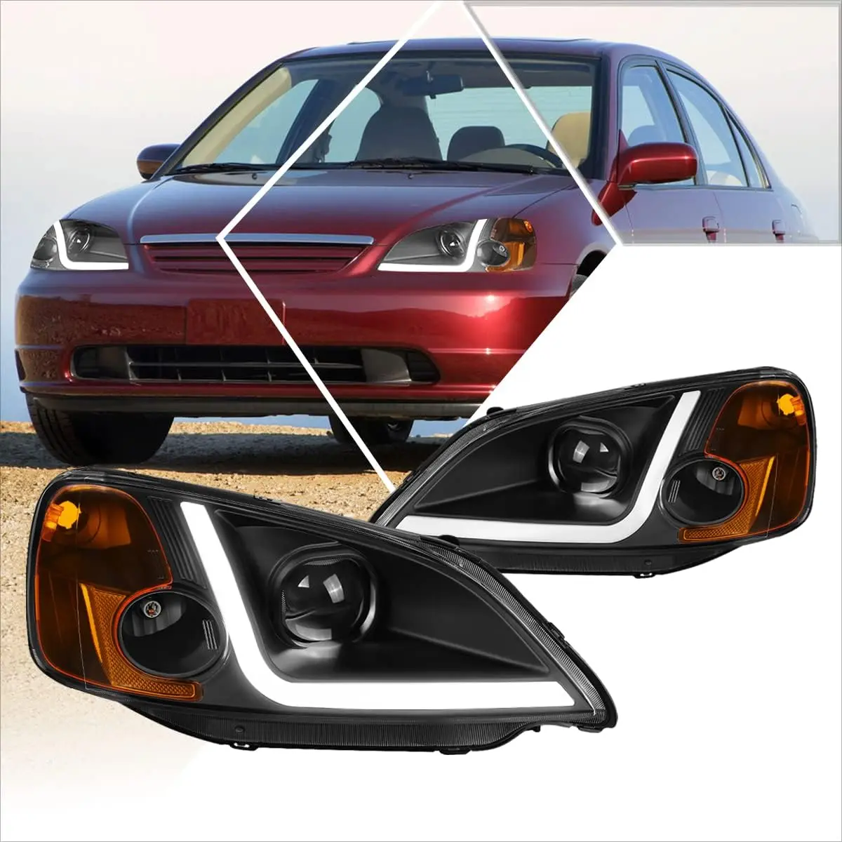 For 2001-2003 Honda Civic Coupe/Sedan LED DRL Projector Headlights Assembly, Black Housing with Amber Corner