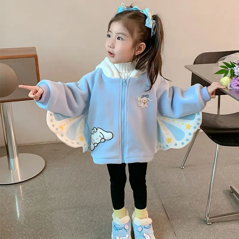 Cartoon Sanrioed Cinna moroll Mädchen Wolle Pullover Tops verdicken Melodie Kinder Fleece Kapuzen jacke Kuromi Pelzmantel Kawaii Kinder kleidung