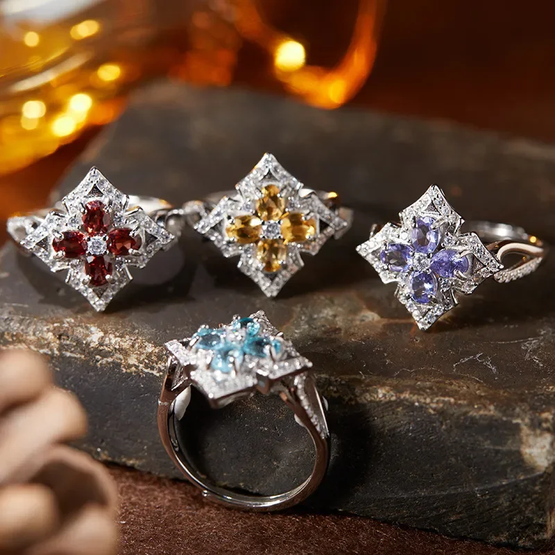 Vintage fashion natural citrine tanzanite olivine garnet ring women's s925 silver jewelry wholesale