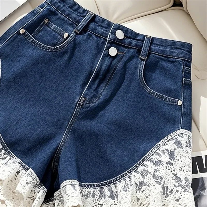 Zomer Hoge Taille Jeans Korte Dubbele Zakken Kant Patchwork Denim Broek Vrouwen Losse Wijde Pijpen Cowboy Shorts Nieuwe 304A