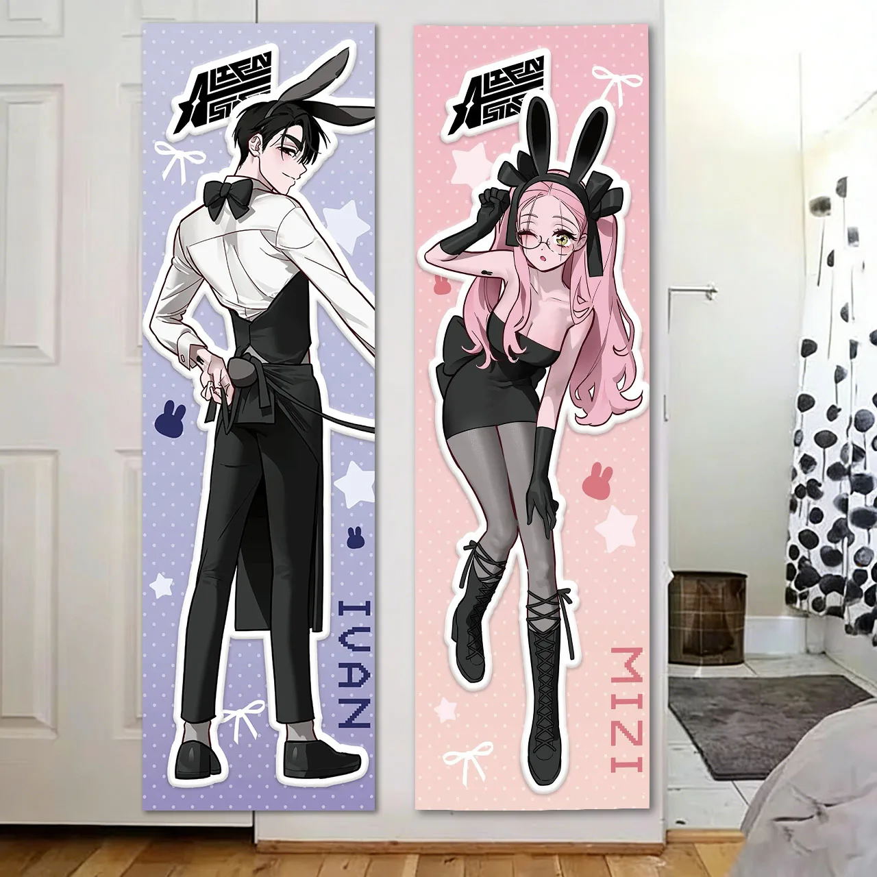 A-Alien Stage Ivan & Mizi Bunny Girl Langer Wandteppich, vertikaler Anime-Wandbehang für Schlafzimmer, Tür, Otaku-Raumdekoration