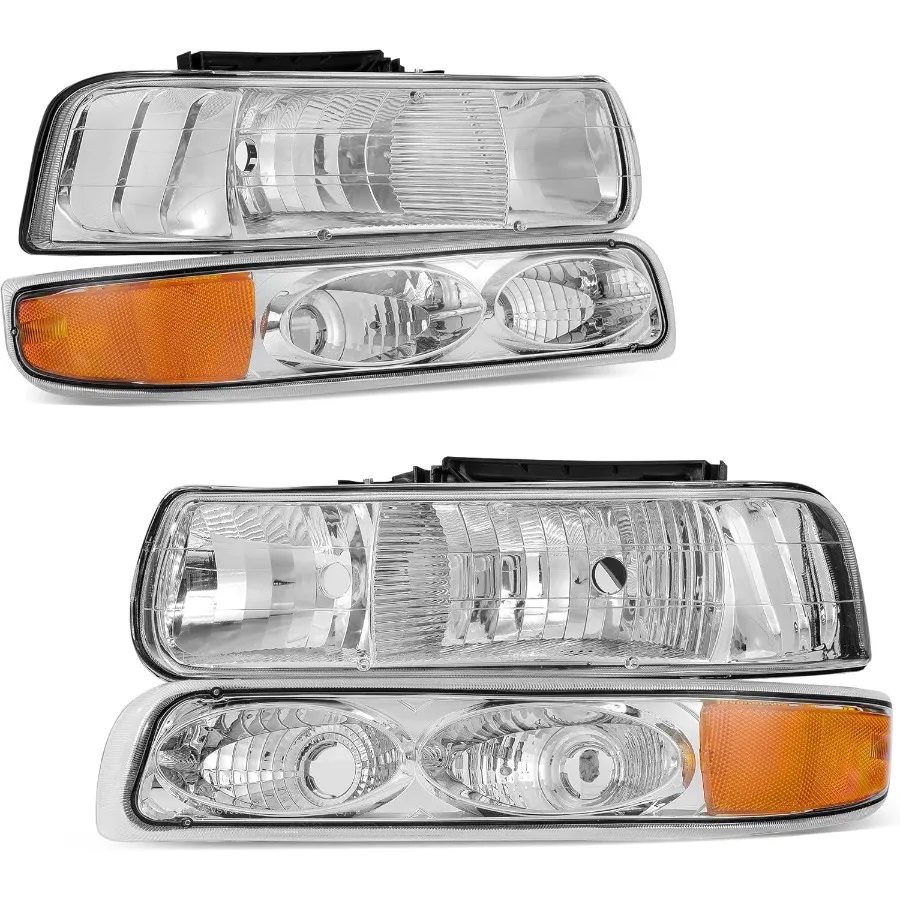 

Headlight Assembly Compatible with 1999 2000 2001 2002 Chevy Silverado 1500 2500 Headlamp Pair Chrome Housing Amber Reflector f
