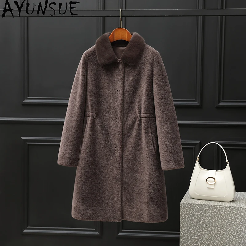 AYUNSUE 100% manteau de laine femmes col de fourrure de vison véritable mouton peau de mouton veste vêtements d'hiver femme fourrure Composite П199ьто Ж брае