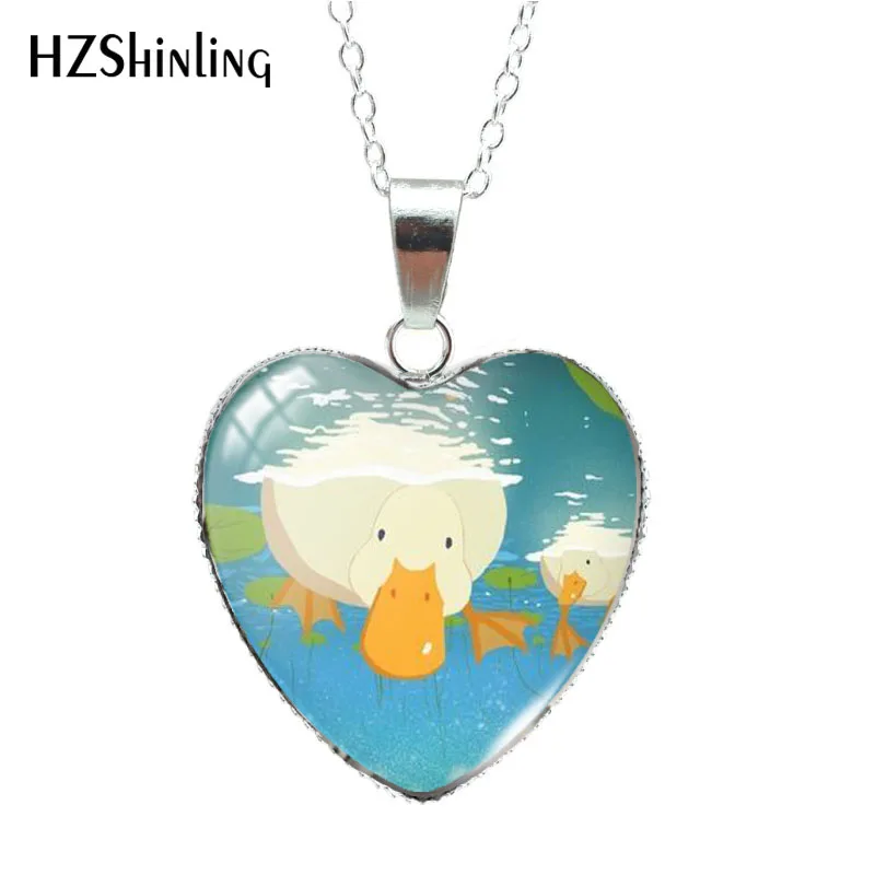 2023 Cartoon swimming Duck Paintings Heart Shaped Glass Cabochon Pendants Handmade Necklace Jewelry hz3