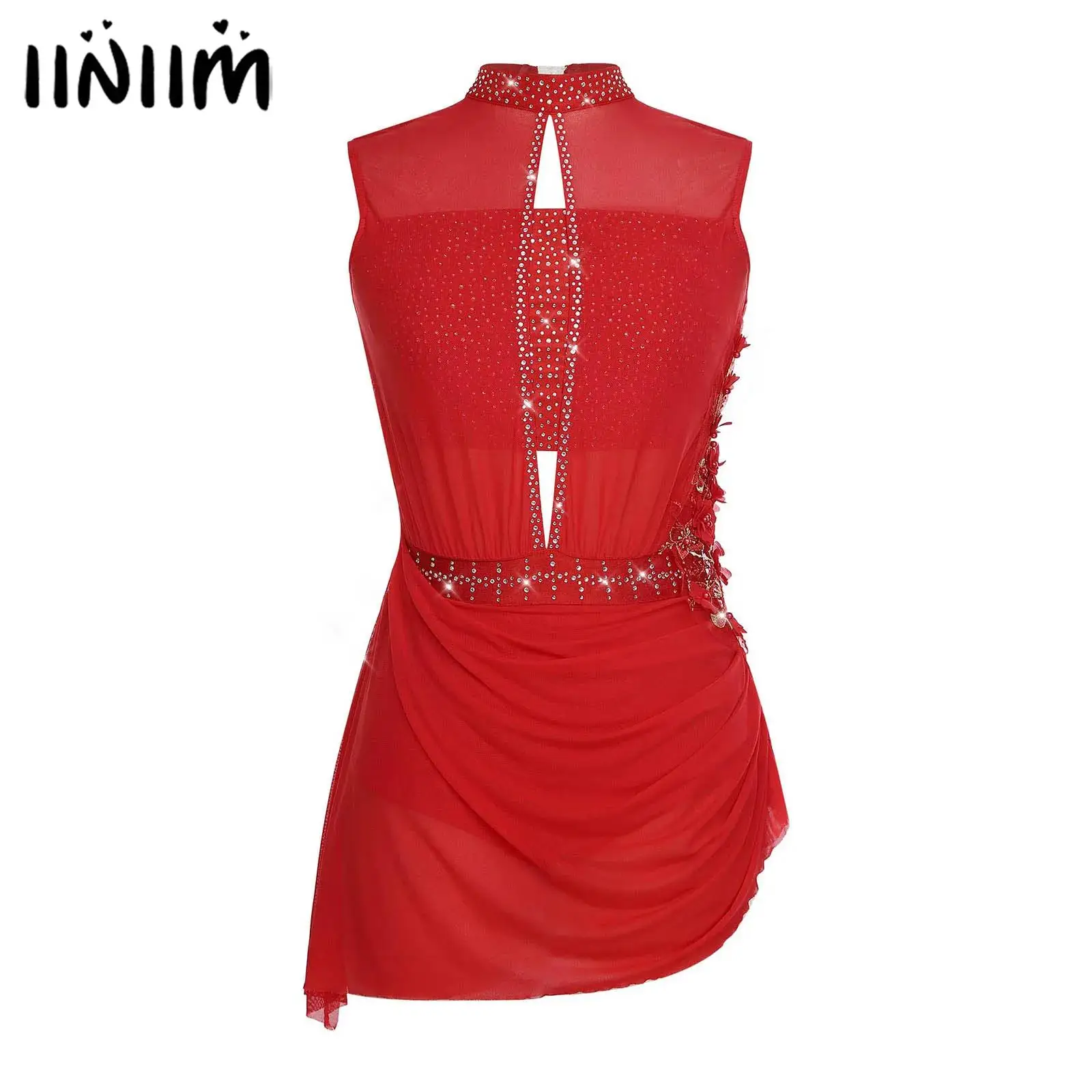 

Womens Shiny Rhinestones Gymnastics Artistic Figure Skating Backless Cutout Sheer Mesh Overlay Ballet Lyrical Dance Dresses