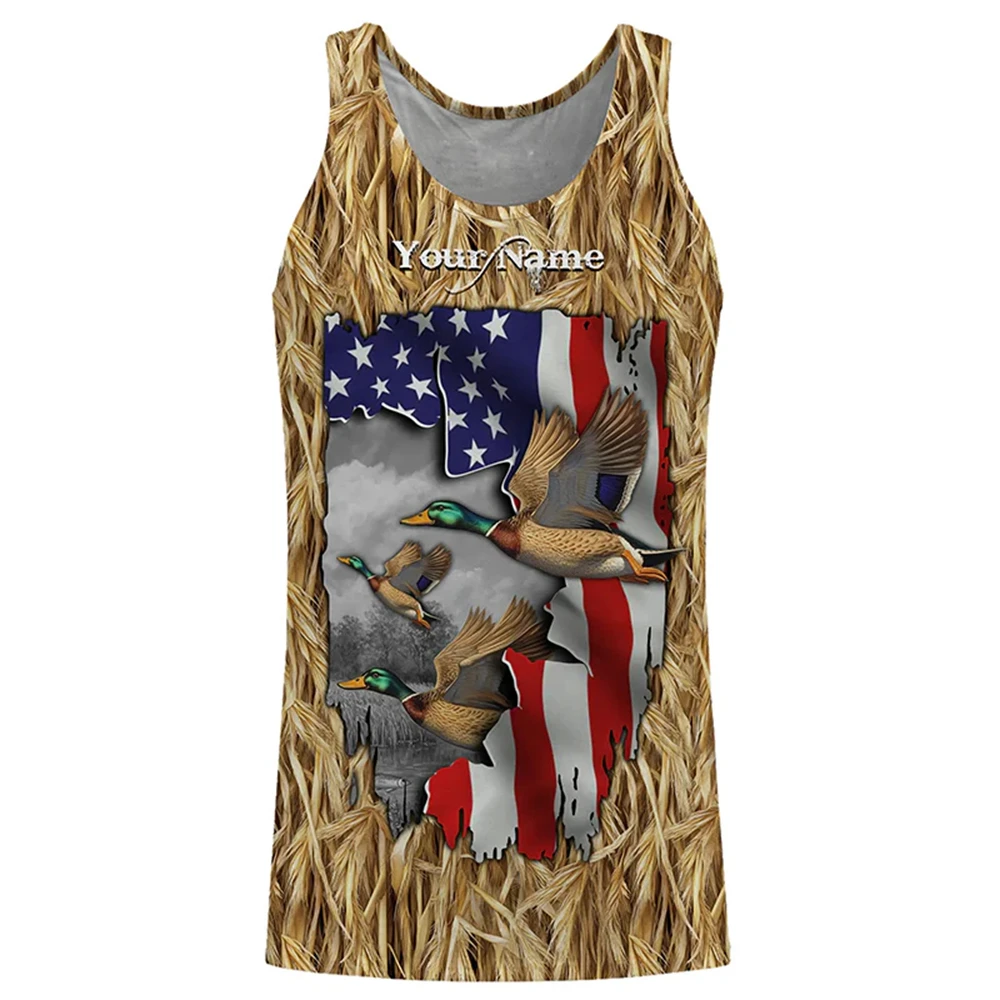 Custom Name Duck Hunting Tank Tops Mallard Duck With Camo Reed Background Graphic Sleeveless Shirts For Men Hunting Workout Tops