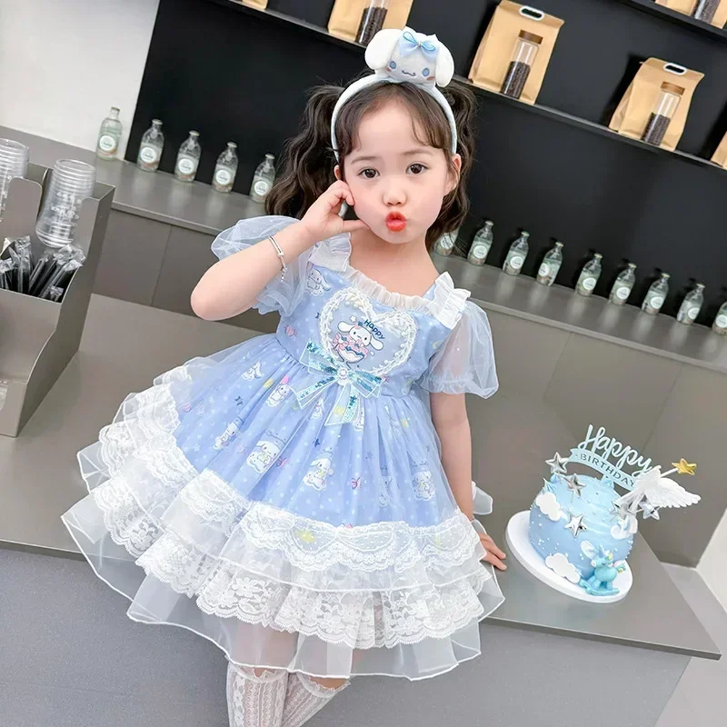 Kawaii Cinnamoroll Girls 2024 New Dresses Summer Anime Sanrio Girly Heart Cute Lolita Princess Dress Children's Birthday Dress