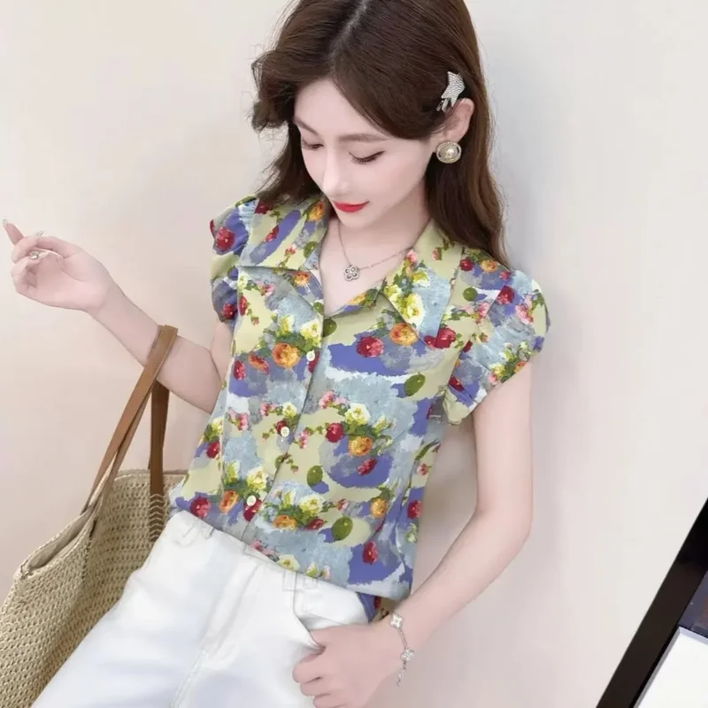 

Рубашка в стиле ретро в гонконгском стиле, женский кардиган, летний новый вид, утягивающий топ с цветочным принтом и короткими рукавами с принтом