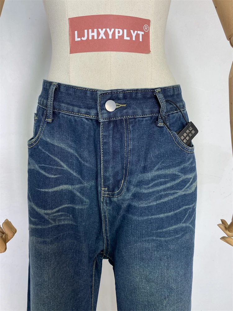 

Женские кожаные джинсы с заклепками и карманами, широкие брюки в стиле ретро, уличная одежда, модные спортивные штаны, женские брюки унисекс с высокой талией