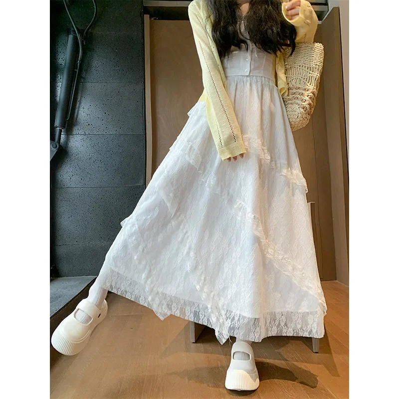 

Vintage White Lace Splicing Long Cake Skirts Women Loose Y2K High Waist A Line Skirts Japan Retro Casual All Match Skirt New