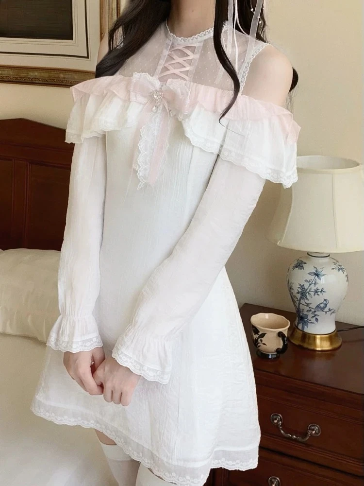 

Lace Bow Sweet Cute Girls High Waist Long Sleeve Dresses Original Japanese Summer One-word Shoulder Slimming Short Dress