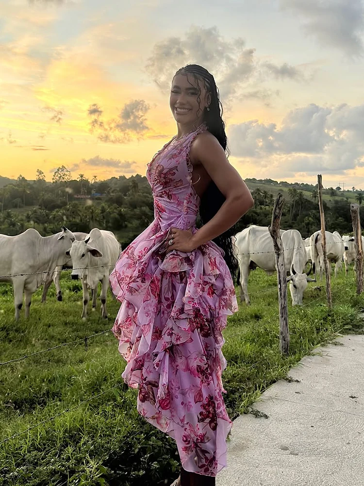 Abito lungo da donna elegante con stampa floreale alla caviglia, spacco alto, fluido, da festa estivo, corpetto increspato alla moda, design con scollo a V profondo