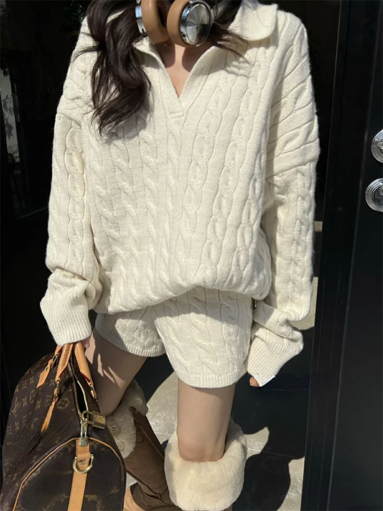 Winter Korean Style Knited Sweater Suit Women Loose Casual Polo Pullover Top +sweater Shorts Female Two Piece Set Outfits 2024