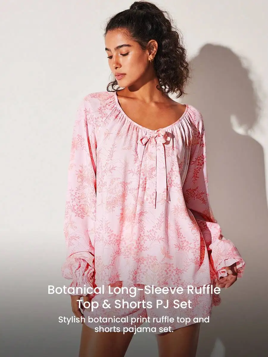 

Botanical Long Sleeve Ruffle Top And Shorts Pajama Set