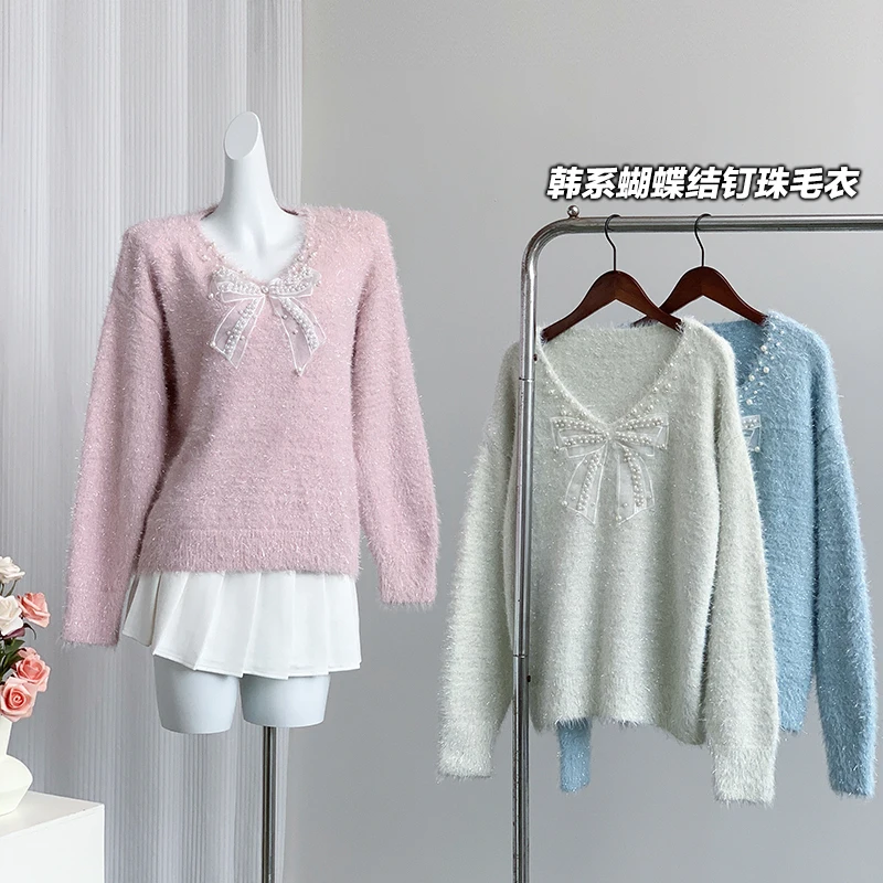 Women Pink Pullover Knitted Sweater Harajuku Aesthetic Y2k Long Sleeves V-Neck Bow Pearls Sweaters Vintage 2000s Clothes Autumn