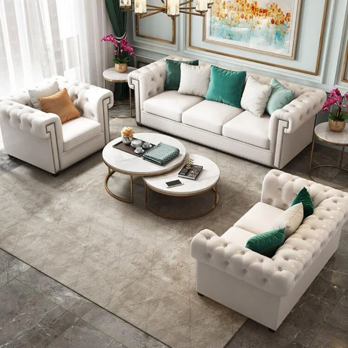 

Hot Selling Custom Modern White Couches Sofa Sets Chesterfield Leather Living Room Furniture