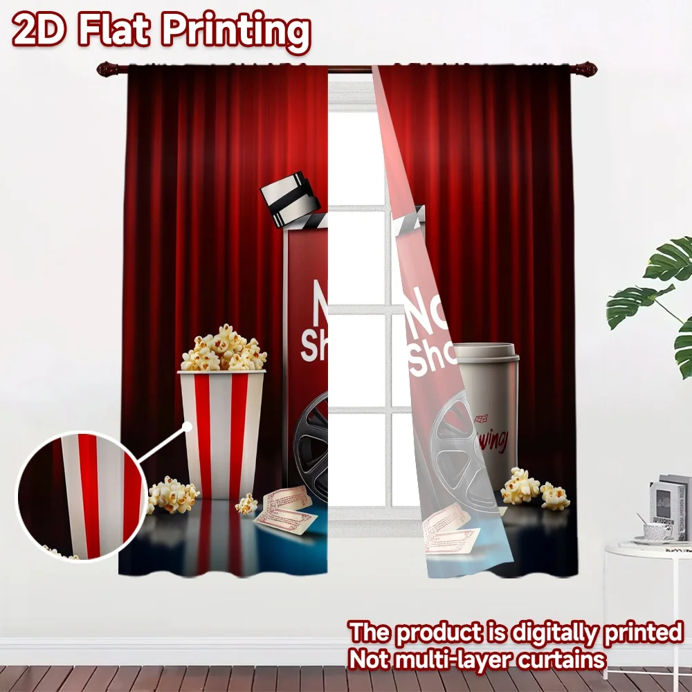 2D flat 2pcs Curtain Modern Minimalist Style Movie Night Snacks Display Digitally printed polyester Festive Holiday Use for