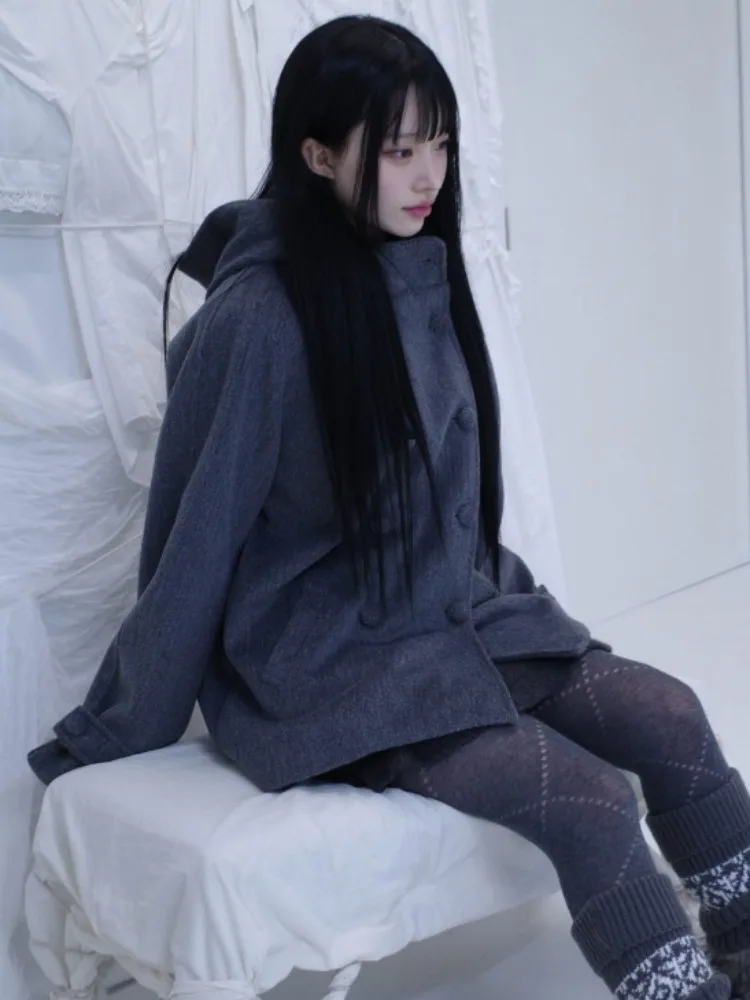 Coreano sle leste portão retro japonês sle faculdade vento casaco duplo breasted casaco de lã chapéu feminino tamanho pequeno casaco inverno