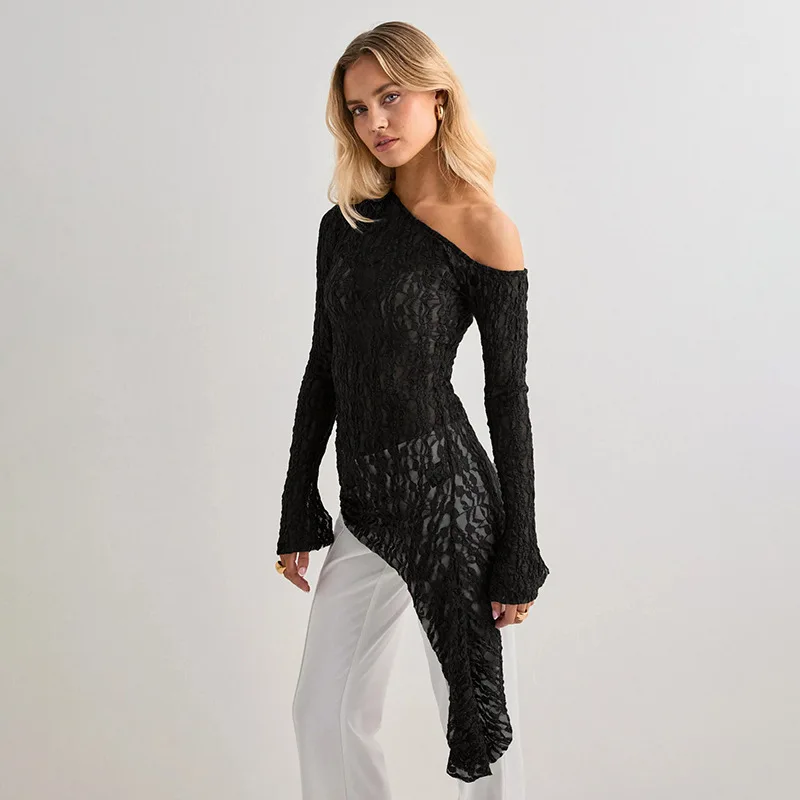 Lace See-Through Irregular Hem Top Women's Autumn Asymmetrical Collar Off-Shoulder Solid Sexy Long-Sleeved T-Shirt Female