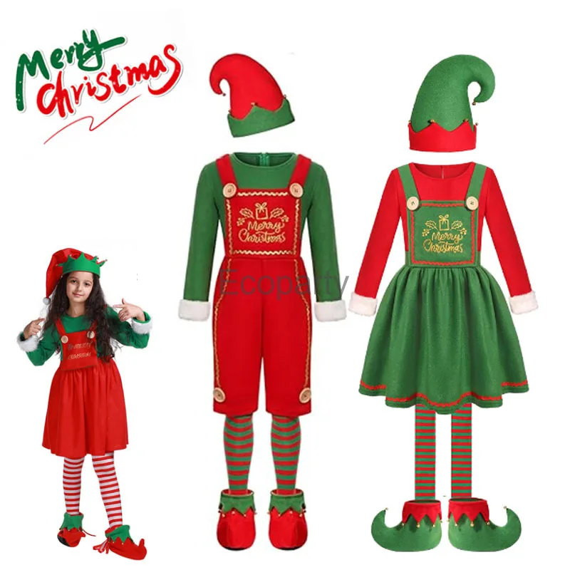 Adult Kids Christmas Santa Claus Costume for Boy Girls Green Santa Claus Elf Cosplay Dress Hat Socks Set New Year Xmas Pary Suit