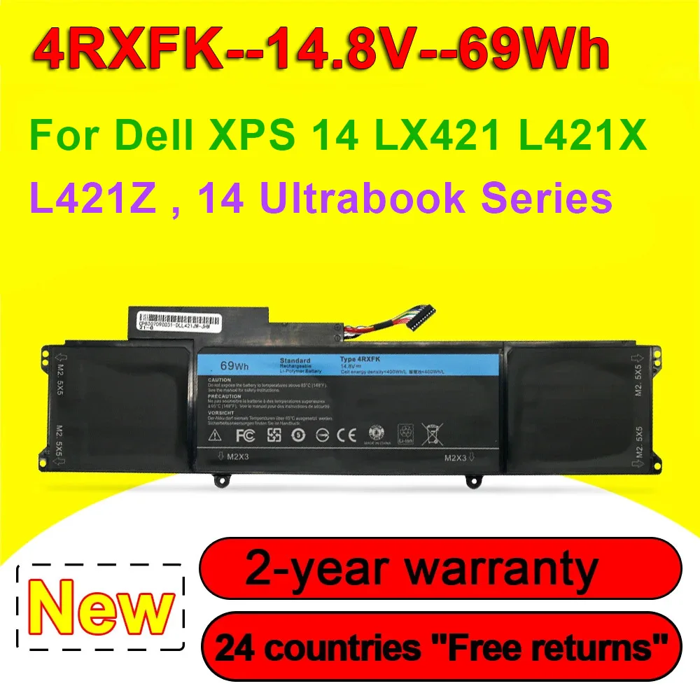 

Аккумулятор 4RXFK для ноутбуков Dell XPS 14 L421X Ultrabook 14-L421X L421Z Series, C1JKH FFK56, 14.8V 69Wh, литий-полимерный, перезаряжаемый