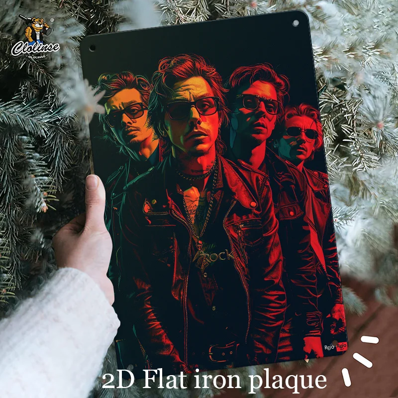 Letrero de pared metálico con motivos de rock: póster de hierro de estilo vintage con figuras de rockeros atrevidos vestidos con chaquetas de cuero, decoración en rojo y negro vibrante para amantes de la música.