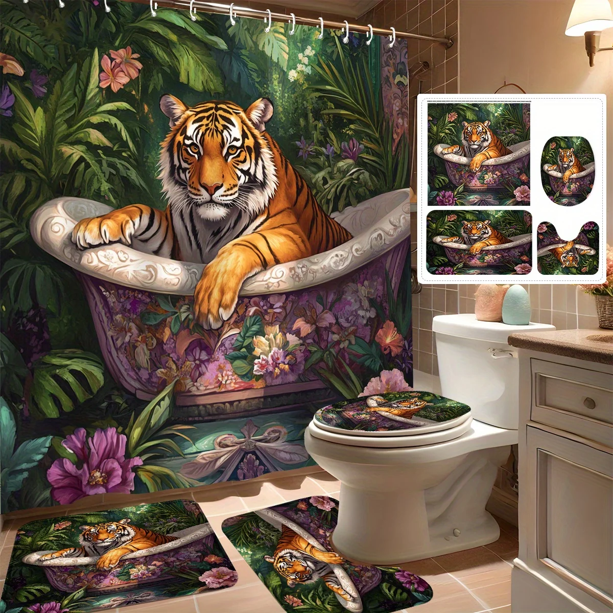 

4pcs Shower Curtain Set, Luxury Jungle Tiger Bathroom Decor, Modern Bath Accessories, Includes 12 Hooks, Non-Slip Bath Mat,