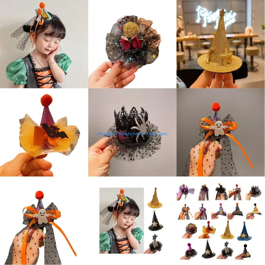 E56A Cartoon Pumpkin Lace Ribbon Hair Clip Halloween Headdress Masquerade Supplies