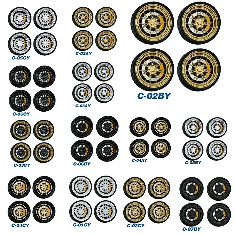 

1:64 car model secondary modified wheels with bearings, yellow calipers) alloy car model wheels, rubber tires, all 10.5mm size