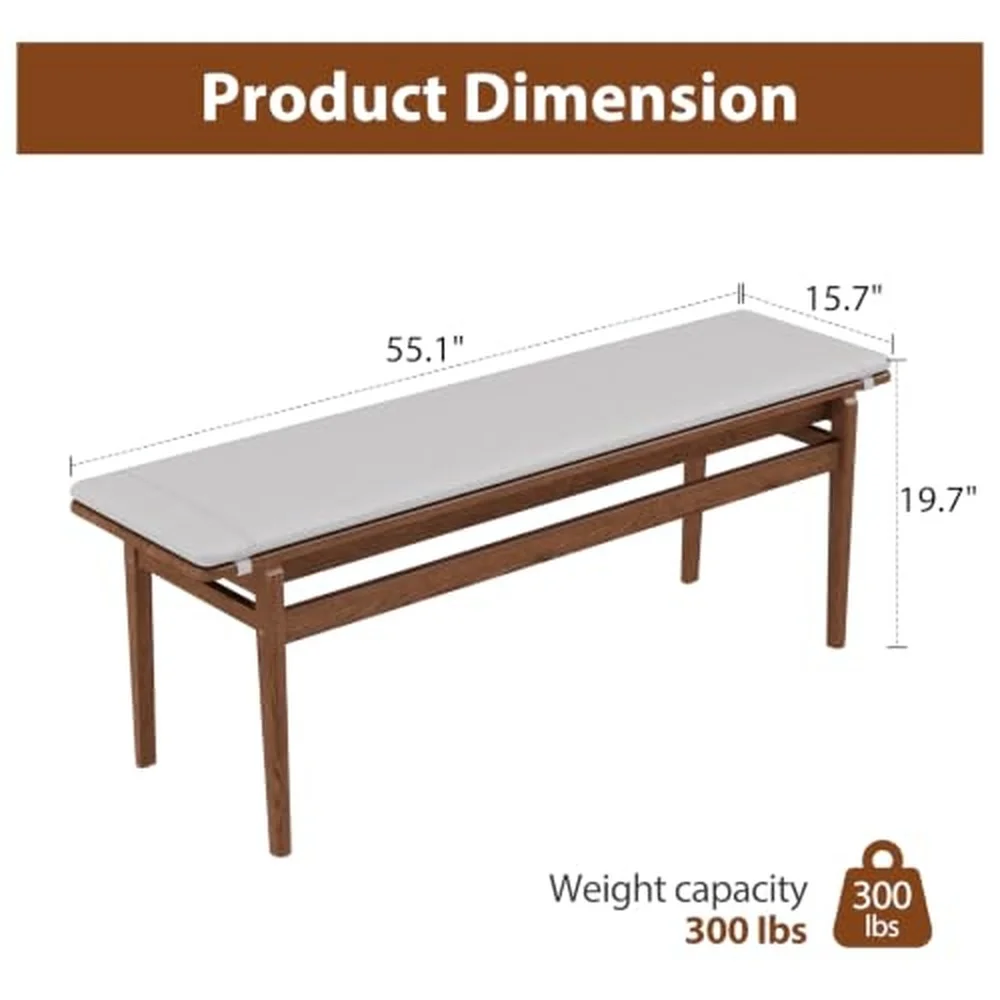 Solid Wood Dining Bench 55'’ Indoor End of Bed Upholstered Bench for Entryway Bedroom Kitchen & Living Room Mid Century