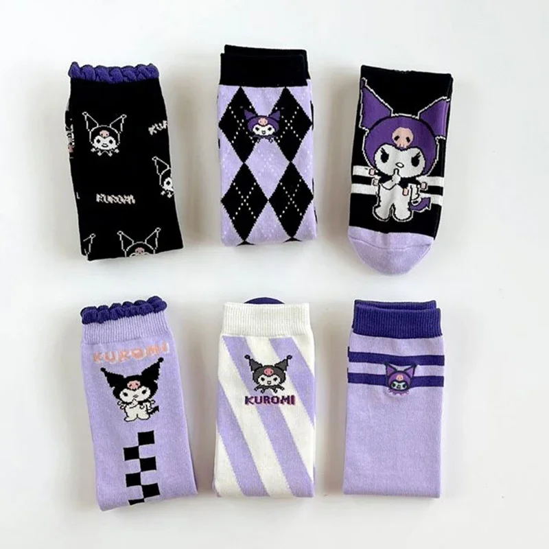 3Pcs Kuromi Children Socks Kawaii Sanrio Anime Cotton Breathable Girls Mid-Tube Socks Cute Cartoon Soft Socks Tide Gift for Kids