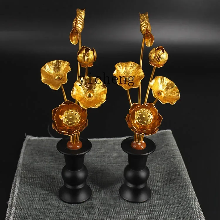 ZK Buddha front flower simulation offering Buddha vase gilt lotus gold foil flower household ornament offering indoor pair