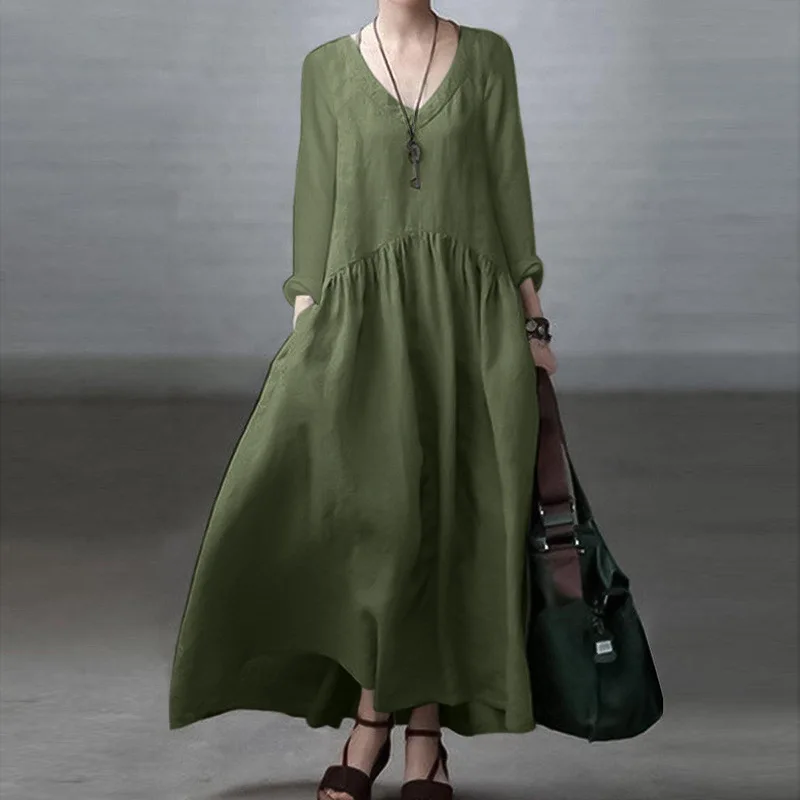 Elegant Solid Color Cotton Linen Long Dress For Women Spring Autumn Casual V Neck Full Sleeve Maxi Dresses Simple Robe Femme