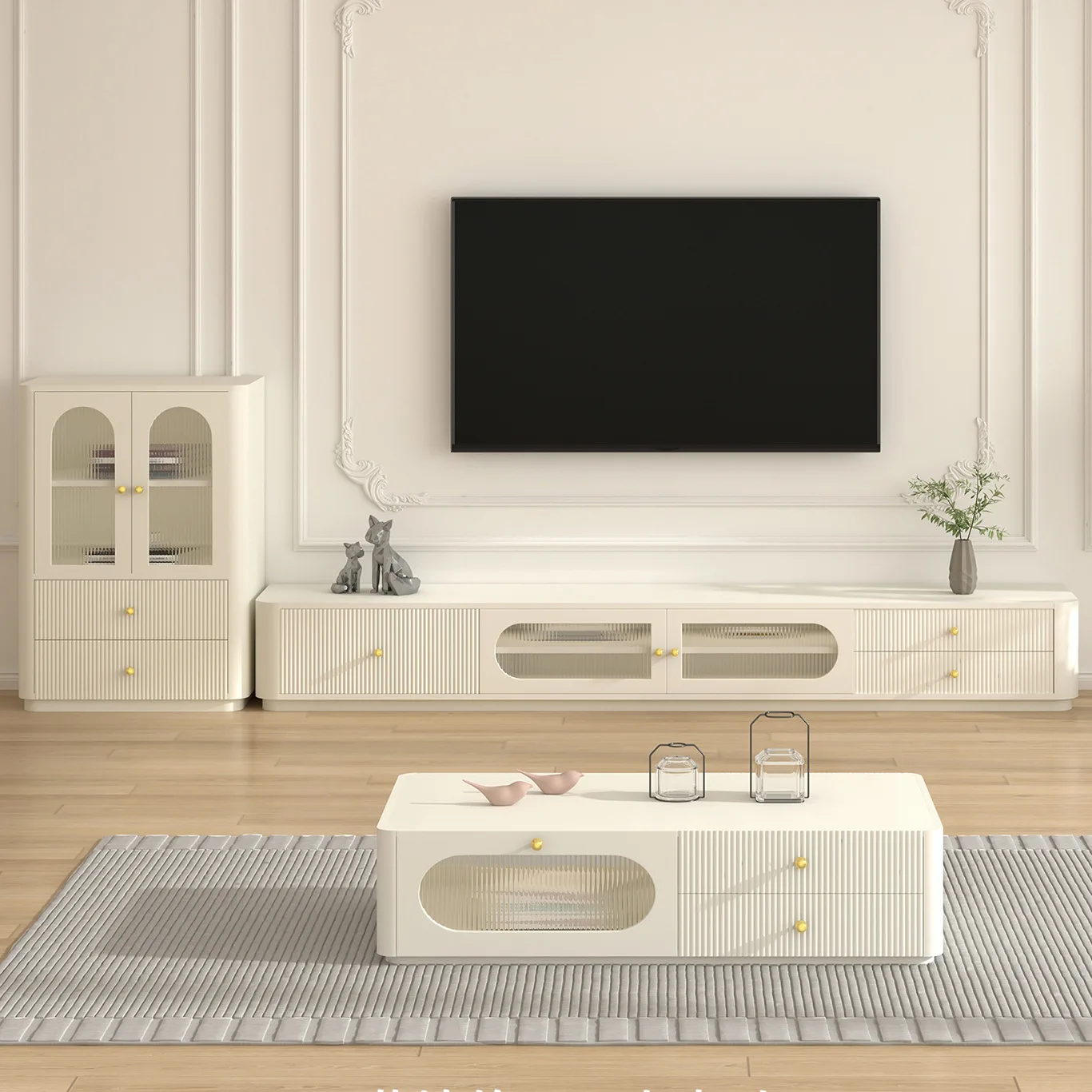 Nordic TV cabinet coffee table combination modern simple small apartment cream style solid wood paint floor-to-ceiling TV cabine