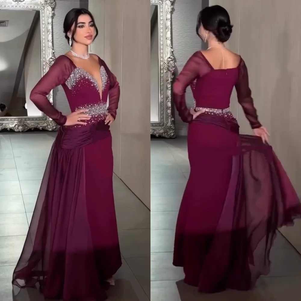 

Customized Modern Style Jersey Pleat Sequined Trumpet V-neck Long Dresses Bespoke Occasion Sizes Available