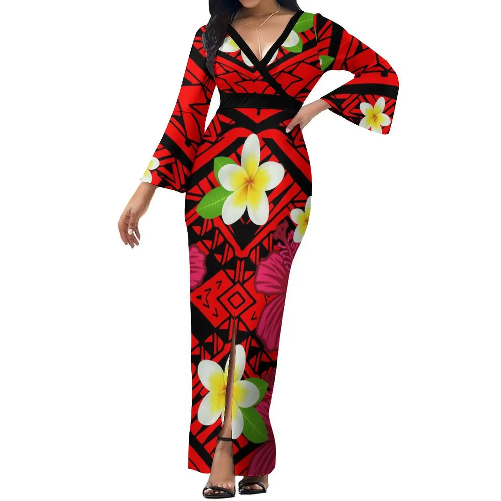 Polynesian Tribal Ethnic Dress Custom Hibiscus Flower Print Autumn Flared Sleeve Long Dress Elegant Slim Dress Slit Design